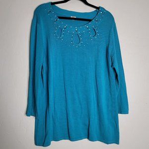 Reba 2X Sweater Knit Long Sleeve Stretchy Cut Outs w Beads and Embellishments